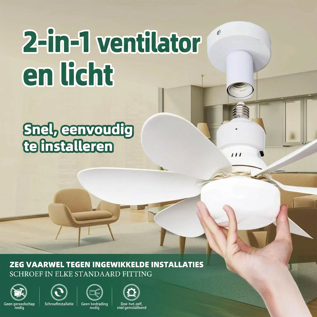 E27 LED plafondventilatorlamp met dimbaar licht en ventilatorfunctie, perfect voor woonkamer of slaapkamer.