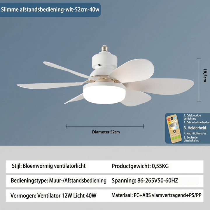 Compacte E27 LED plafondventilatorlamp, energiezuinige verlichting en ventilator in één, met afstandsbediening.
