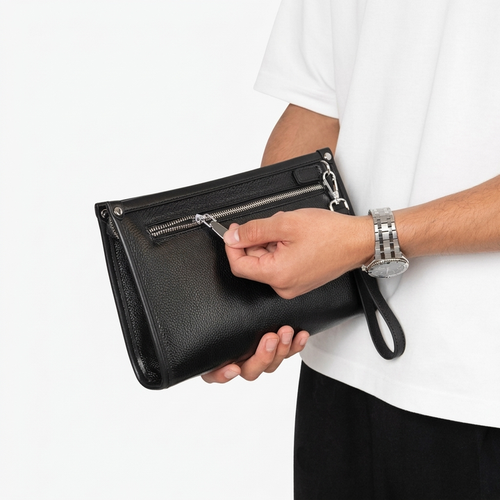 Luxe zwarte leren dames handtas, elegant en modern, met slimme vingerafdrukbeveiliging. Perfecte tas.