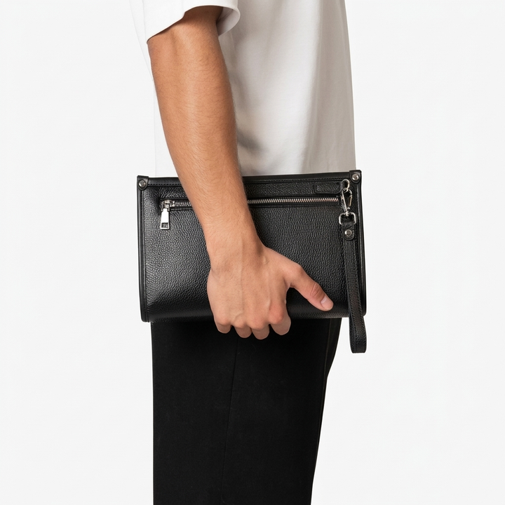 Achteraanzicht van de zwarte slimme leren handtas voor dames, met subtiele moderne details en vingerafdrukbeveiliging.