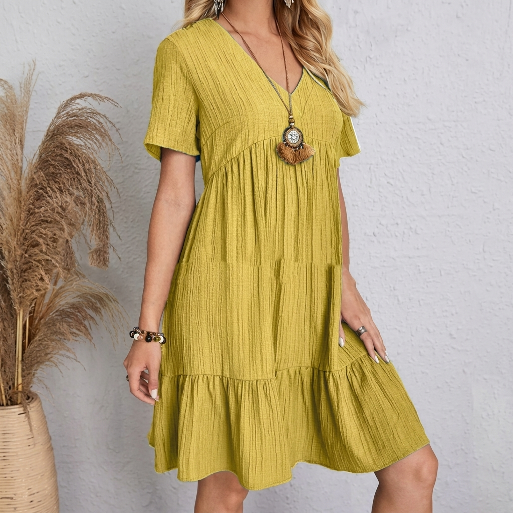 Stijlvolle dames retro jurk met V-hals, corrigerend en afslankend. Comfortabele stretch voor zomer en lente.