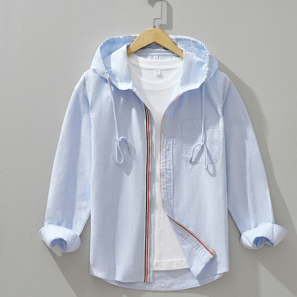 Modern heren overhemdjack met capuchon in lichtblauw/wit voor casual streetwear look, perfect voor lente.