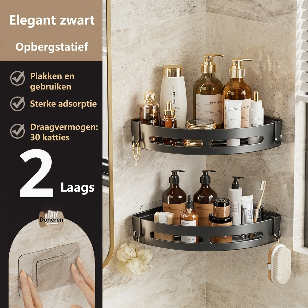 Moderne doucheplank met zuignappen. Praktisch wandrek van kunststof voor shampoo en zeep, met afvoeropeningen.