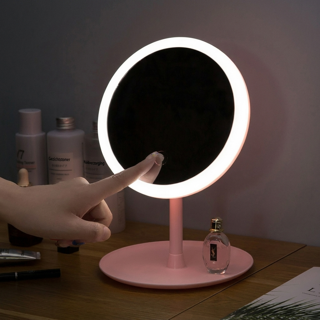 Oplaadbare LED make-upspiegel met heldere verlichting, perfect voor cosmetica en dagelijkse verzorging.
