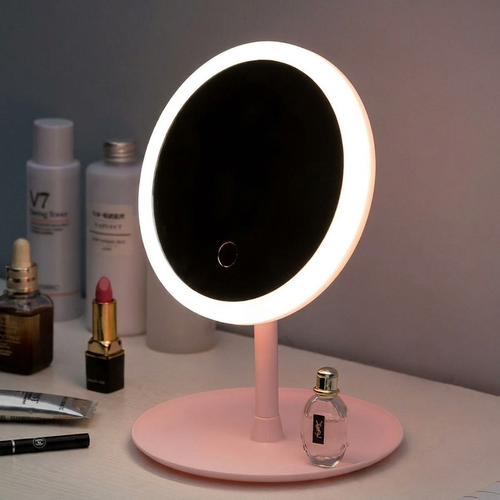Compacte, draadloze LED tafelspiegel voor make-up, ideaal voor kaptafel of onderweg in wit of roze.