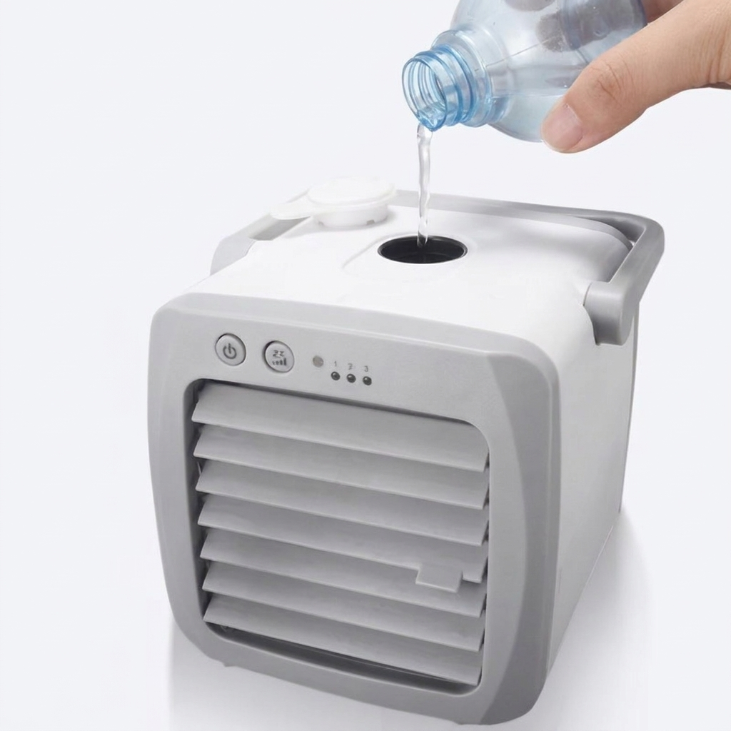 Draagbare USB luchtkoeler met ventilator, bevochtiger en luchtzuiveraar. Ideaal voor thuis, kantoor of slaapkamer.