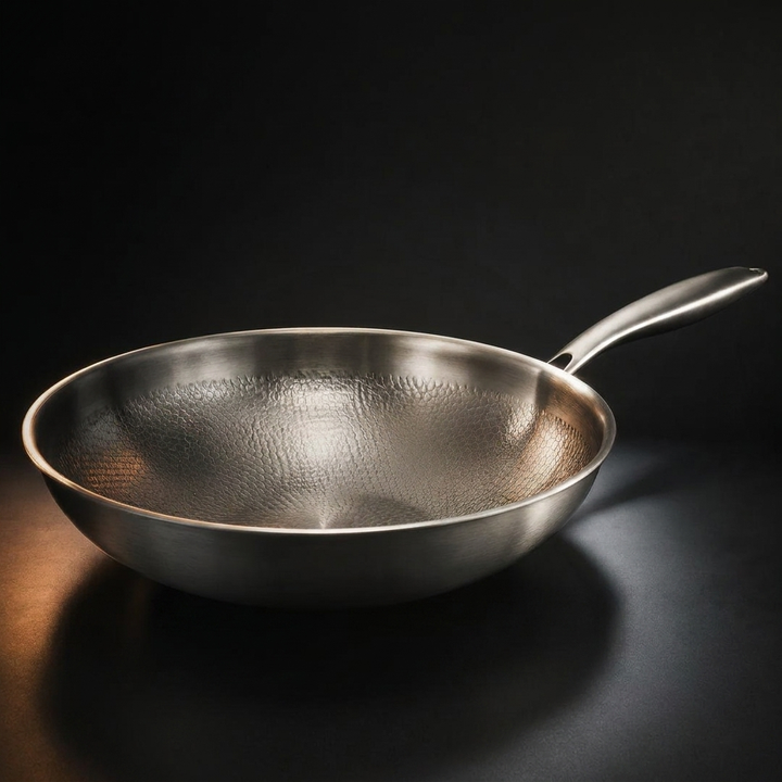 Detail van de robuuste, krasbestendige titanium wokpan, essentieel voor duurzaam en PFAS-vrij koken.
