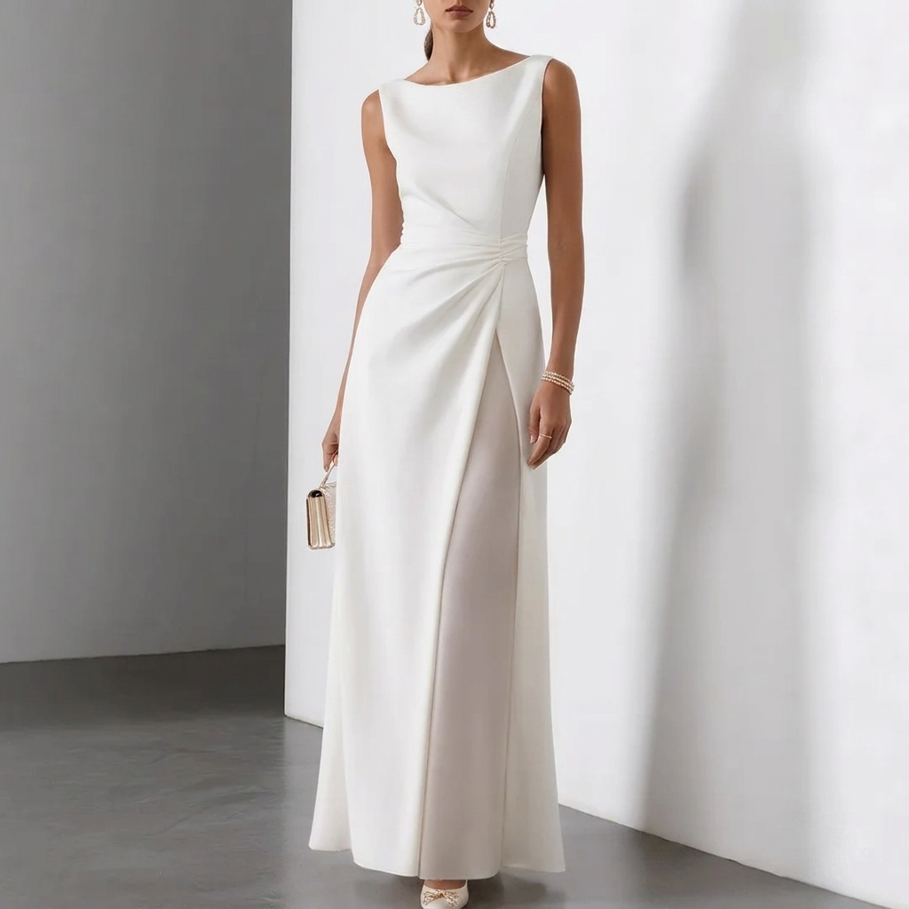 Elegante witte geplooide maxi-jurk voor dames met korte mouwen, ideaal voor zomerse casual chic looks.