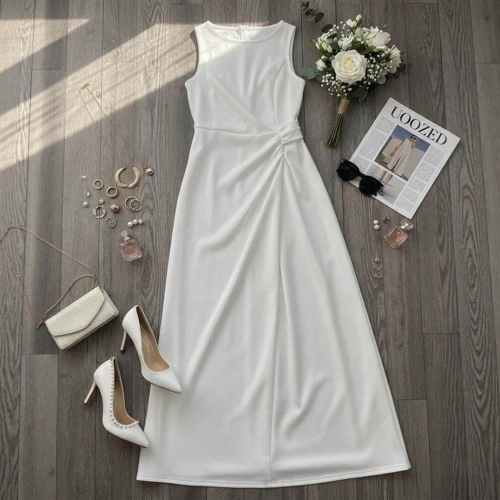 Witte geplooide lente/zomer maxi-jurk voor dames, stijlvol en comfortabel met korte mouwen, perfect voor casual chic.