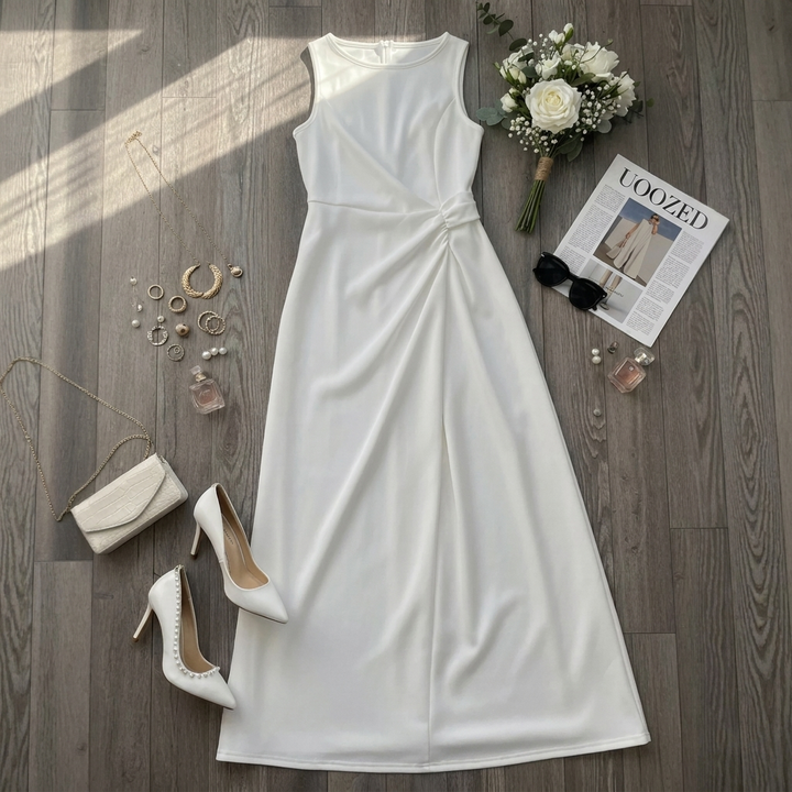 Witte geplooide lente/zomer maxi-jurk voor dames, stijlvol en comfortabel met korte mouwen, perfect voor casual chic.