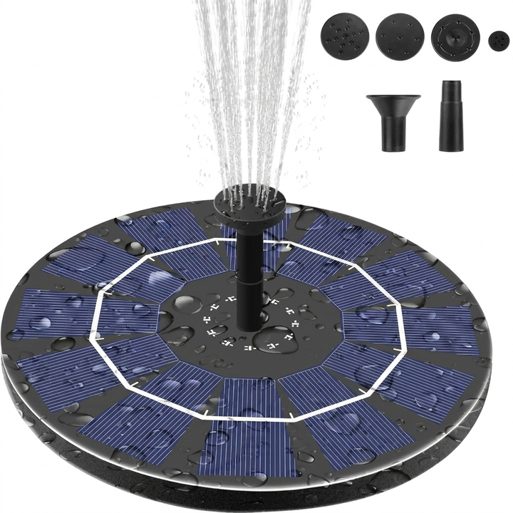 Compacte solar fonteinpomp drijvend op water. Perfect voor een sfeervol waterornament of vogelbad in de tuin.