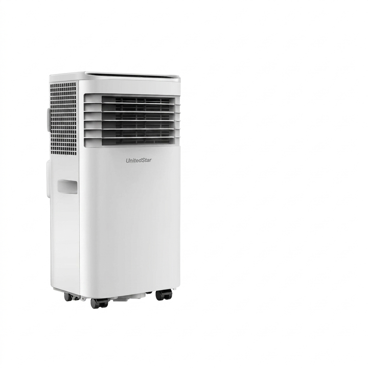 Witte draagbare airco (mvb26) met 3-in-1 koeling, ventilatie en ontvochtiging voor slim zomercomfort.