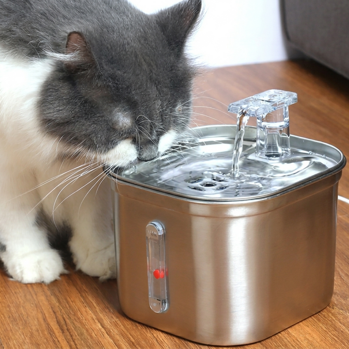 Draadloze katten drinkfontein, grijs, voor vers gefilterd water en optimale hydratatie van huisdieren, stil.