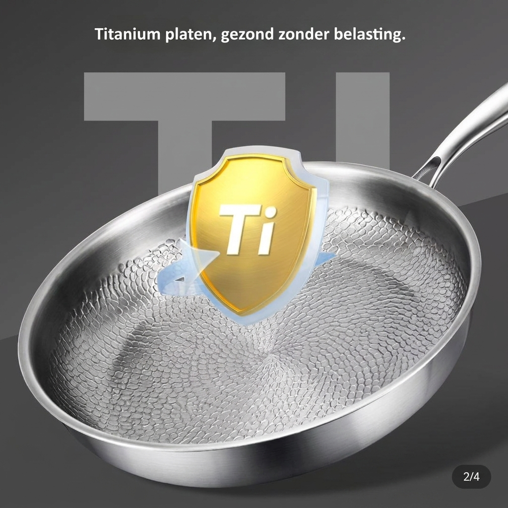 Professionele MVB26 titanium koekenpan, perfect voor het antiaanbak bakken en grillen van biefstuk.