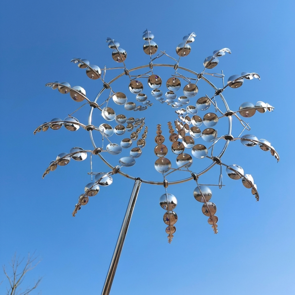 Stijlvolle kinetische windmolen van roestvrij metaal, perfect voor moderne tuin of terras. Duurzaam decor.