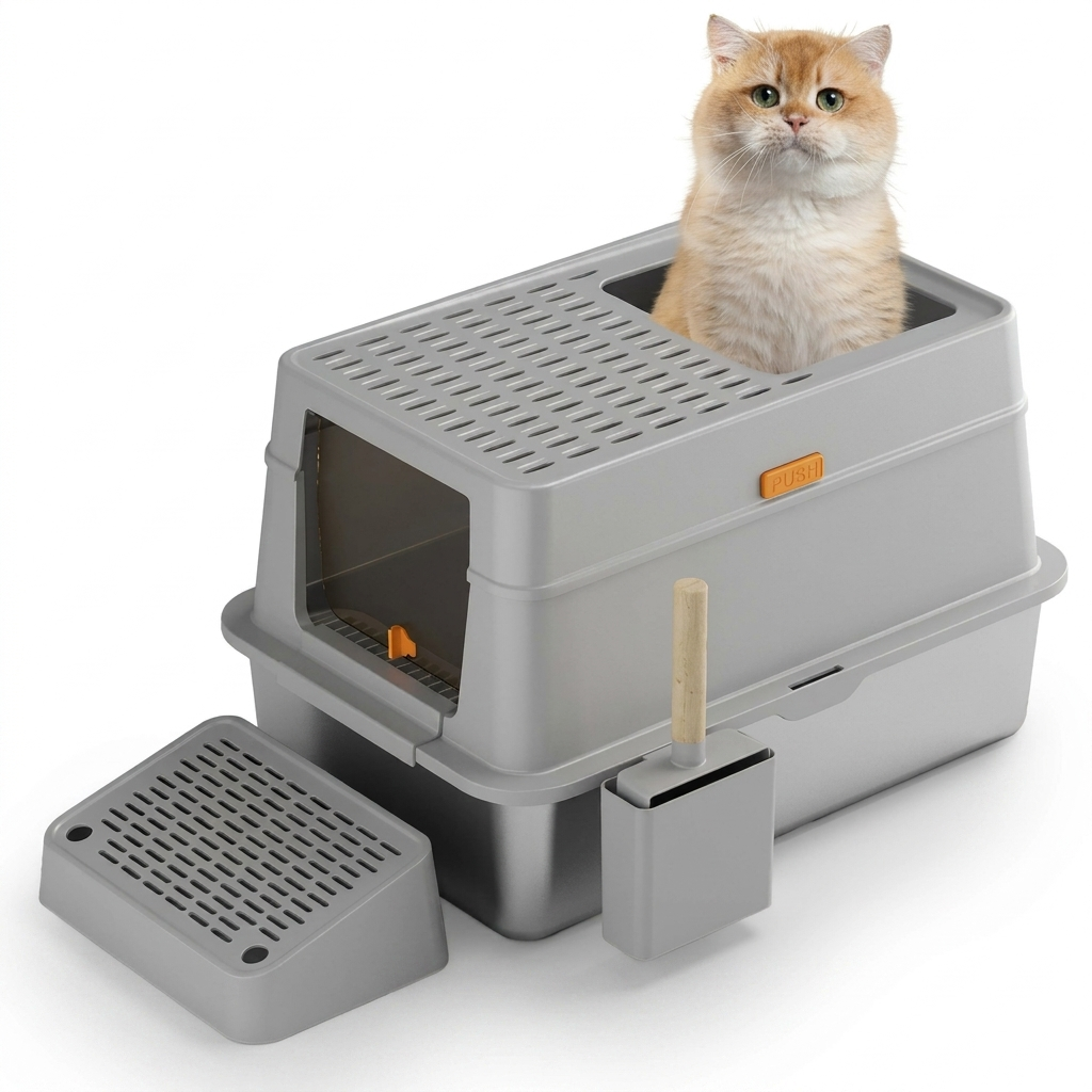 Hygiënische volledig gesloten RVS kattenbak voor minimale rommel en effectieve geurcontrole.