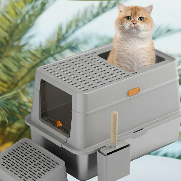 Volledig gesloten RVS kattenbak voor optimale geurcontrole en hygiëne, ideaal voor huisdieren.
