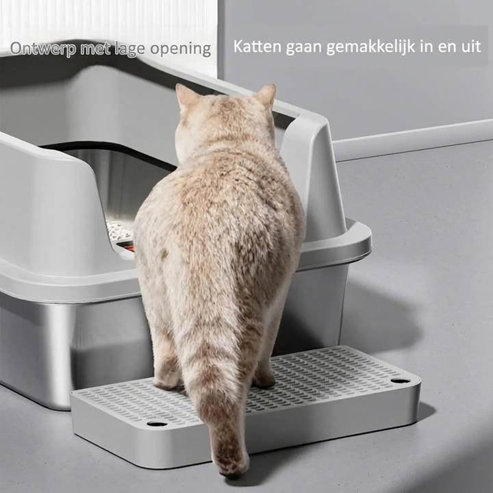 Moderne grijze kattenbak, stijlvol afgesloten voor een nette en geurvrije omgeving.