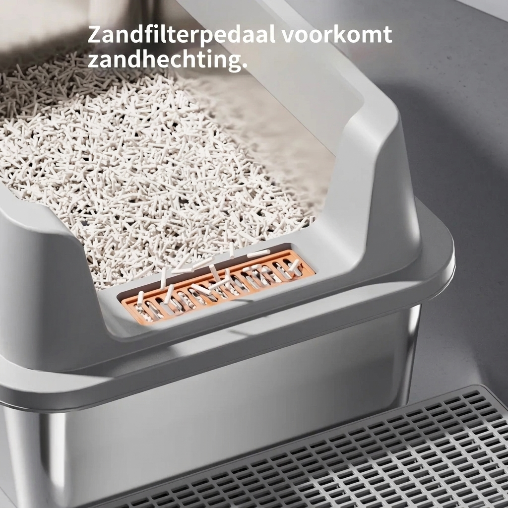 Strakke grijze afgesloten kattenbak mvb26 met gemakkelijk te reinigen interieur voor elk huisdier.