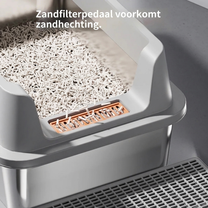 Strakke grijze afgesloten kattenbak mvb26 met gemakkelijk te reinigen interieur voor elk huisdier.