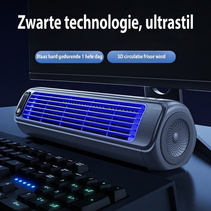Fluisterstille compacte ventilator (MVB26) met USB en 2000 mAh accu, draagbaar voor elke situatie.