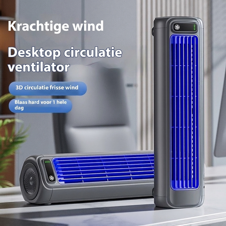Grijze draagbare ventilator met USB-aansluiting en accu, perfect voor reizen of onderweg koelte.