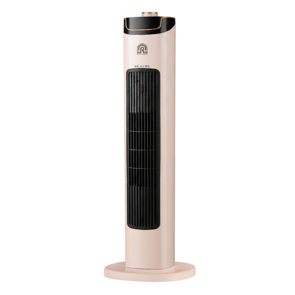 Beige compacte elektrische verticale verwarming & ventilator voor draagbare warmte thuis of kantoor.