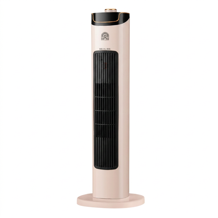 Beige compacte elektrische verticale verwarming & ventilator voor draagbare warmte thuis of kantoor.
