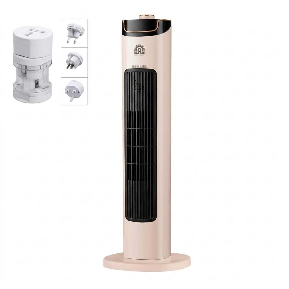 Draagbare verticale verwarming en ventilator, compact beige design, perfect voor snelle warmte in huis/kantoor.