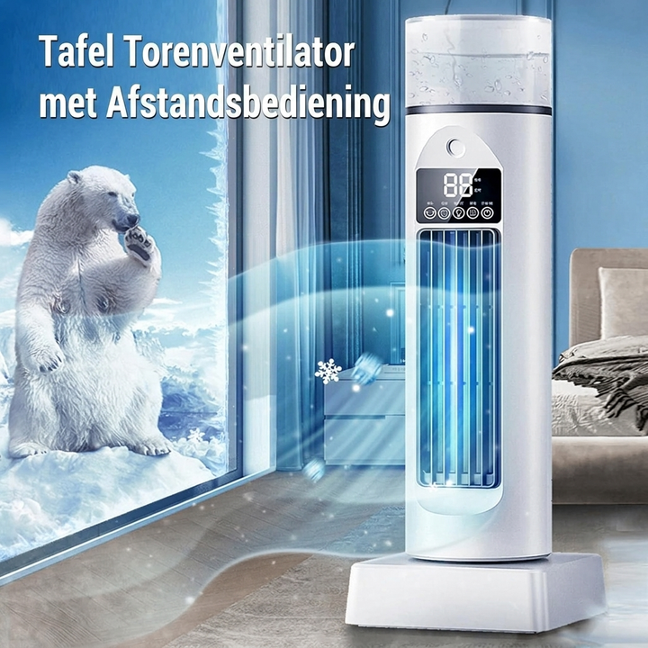 Compacte 4-in-1 luchtkoeler MVB26: ventilator, bevochtiger en luchtzuiveraar voor een optimaal binnenklimaat.