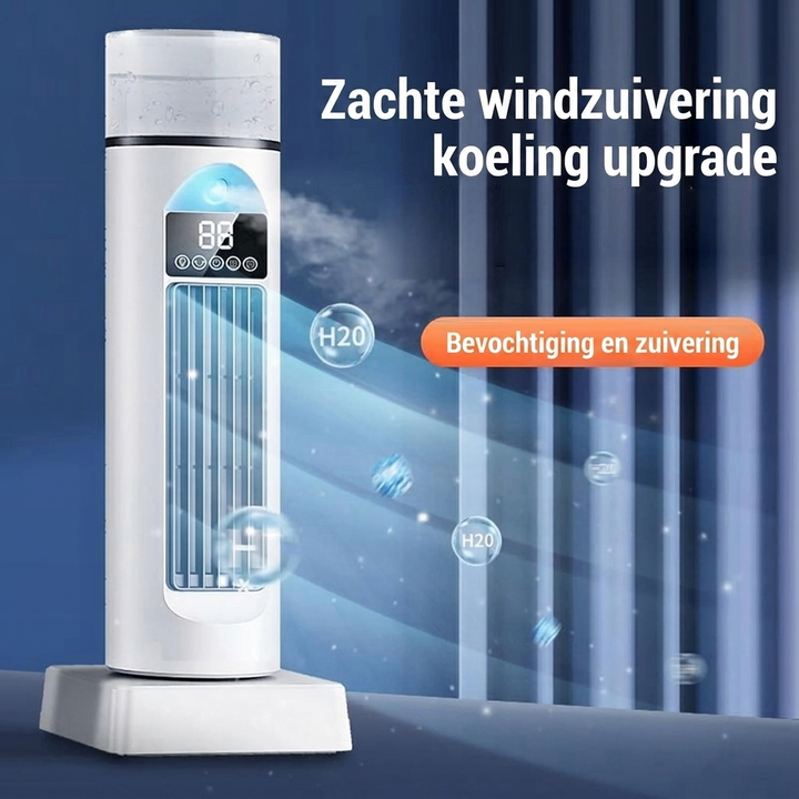 Moderne mobiele luchtkoeler MVB26, zorgt voor frisse lucht en comfortabele verkoeling met elegant design.