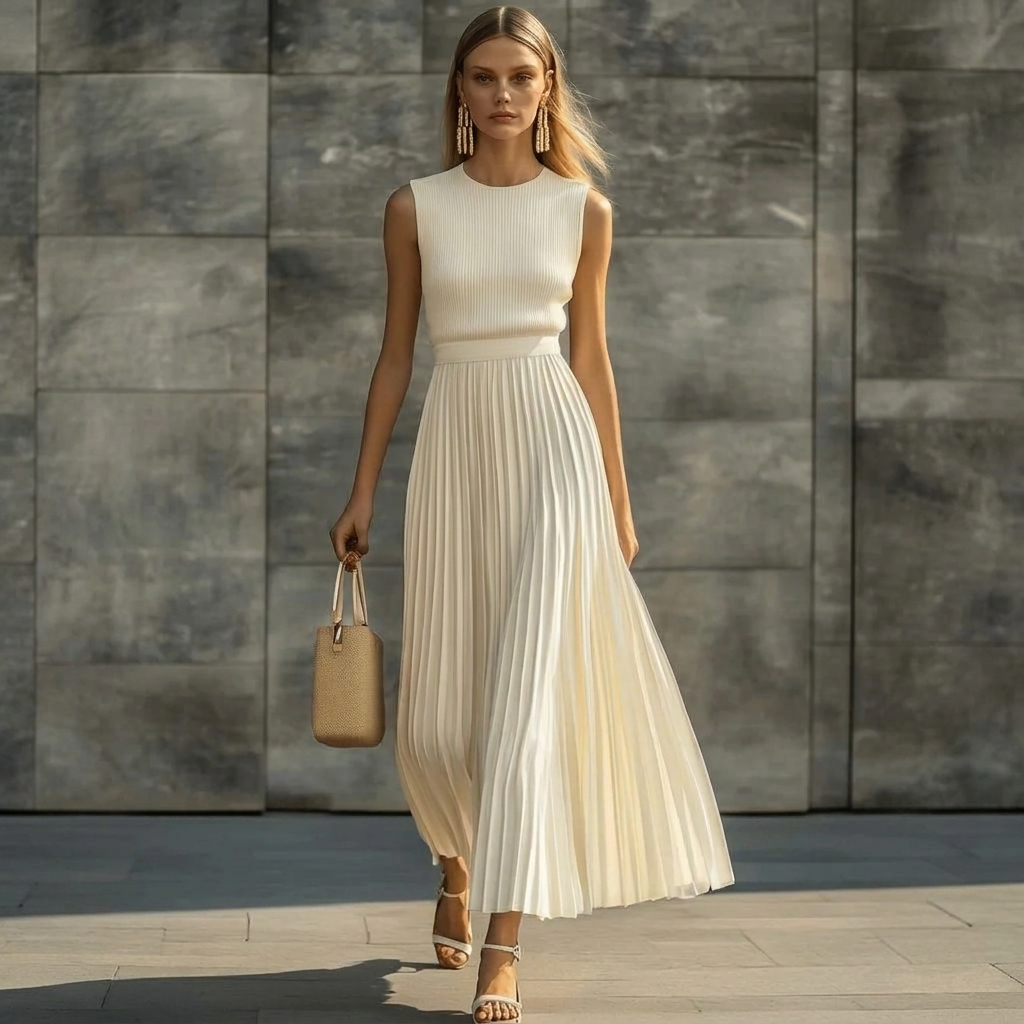 Witte geplooide maxi-jurk voor dames, straalt tijdloze elegantie uit. Perfect voor zomerse gelegenheden.