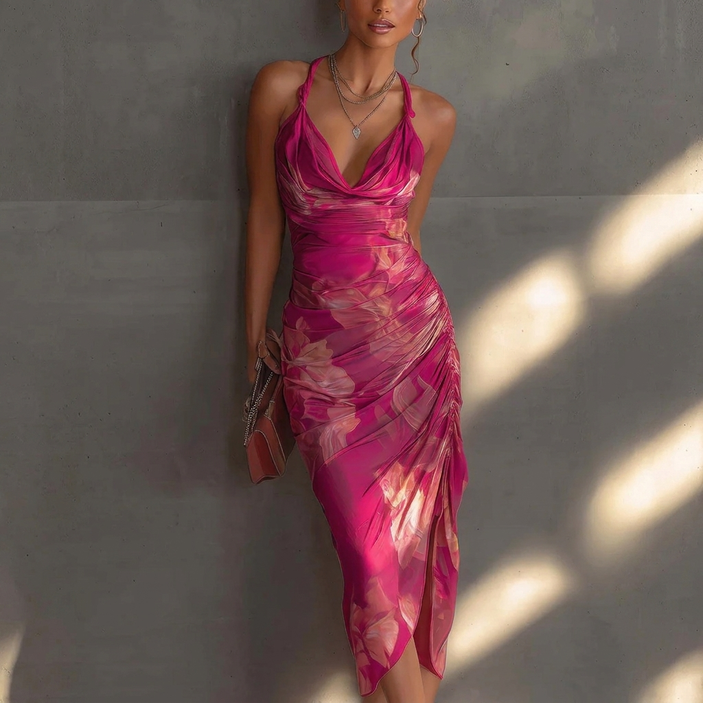 Elegante rood-roze dames midi-jurk met bloemenprint en geplooide watervalhals, perfect voor feesten.