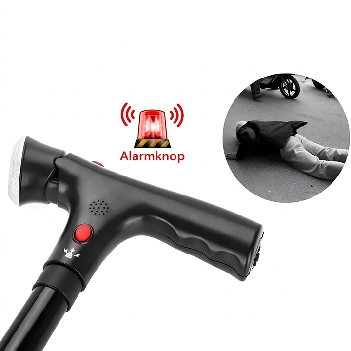 Compacte opvouwbare wandelstok met twee handvatten, ideaal voor reizen, inclusief LED verlichting en alarm voor veiligheid.