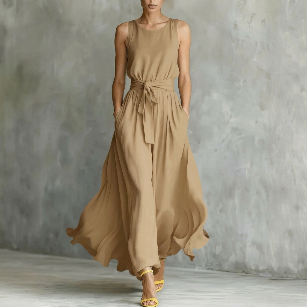 Stijlvolle dames maxi-feestjurk met elegante vetersluiting. Mouwloos, vrouwelijk en ideaal voor een speciale gelegenheid.