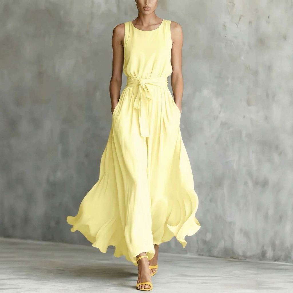 Dames maxi-jurk met vetersluiting. Elegante, mouwloze zomerjurk, vrouwelijk en geschikt als feest- of vakantiejurk.