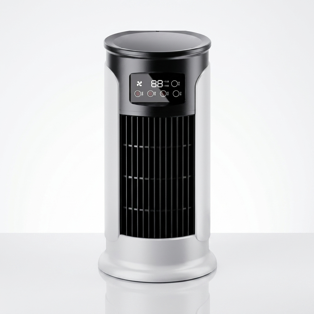 Compacte draagbare mini-luchtkoeler met USB-aansluiting; koelt, bevochtigt en reinigt de lucht voor persoonlijke verkoeling.