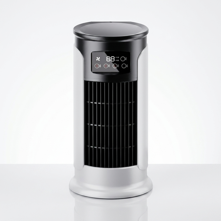 Compacte draagbare mini-luchtkoeler met USB-aansluiting; koelt, bevochtigt en reinigt de lucht voor persoonlijke verkoeling.