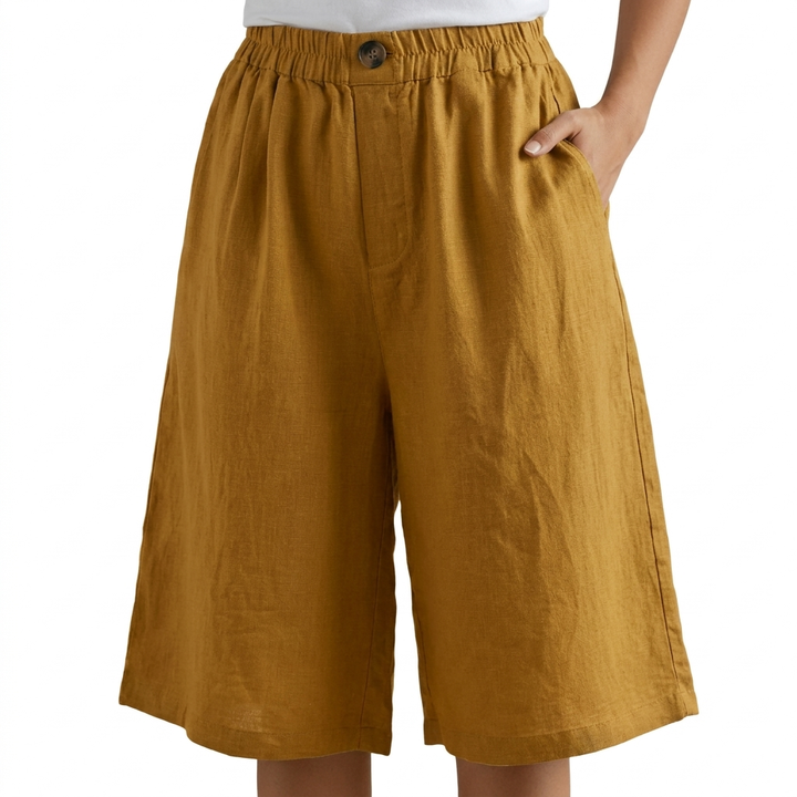 Ademende katoen-linnen dames zomershort met hoge taille, comfortabel voor warme dagen en modieuze zomerstijl.