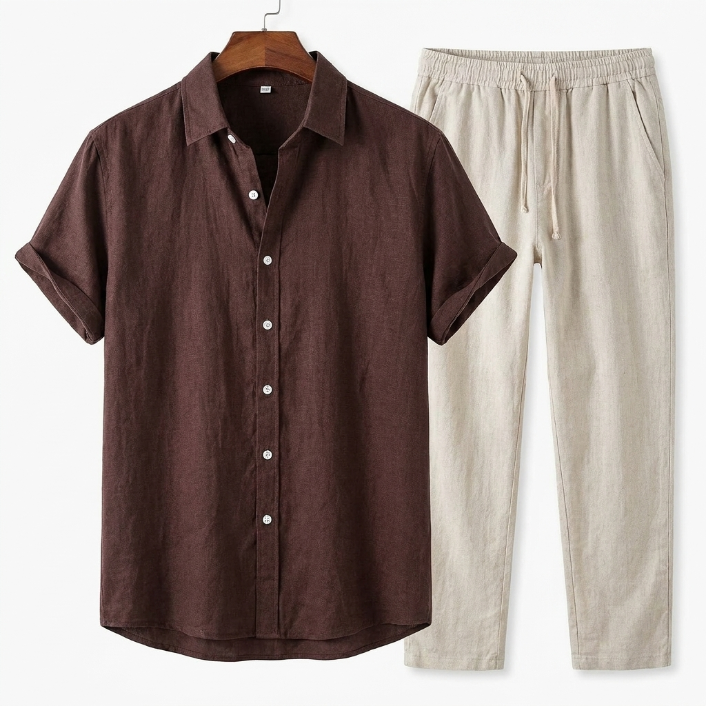 Heren casual tweedelige set: kortemouw shirt & relaxte broek. Perfect voor zomerse dagen en vrije tijd.