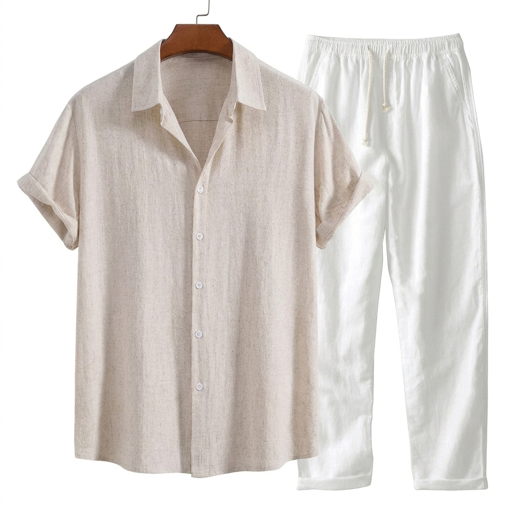 Moderne heren tweedelige zomeroutfit: casual shirt met korte mouwen & comfortabele broek, relaxte pasvorm.