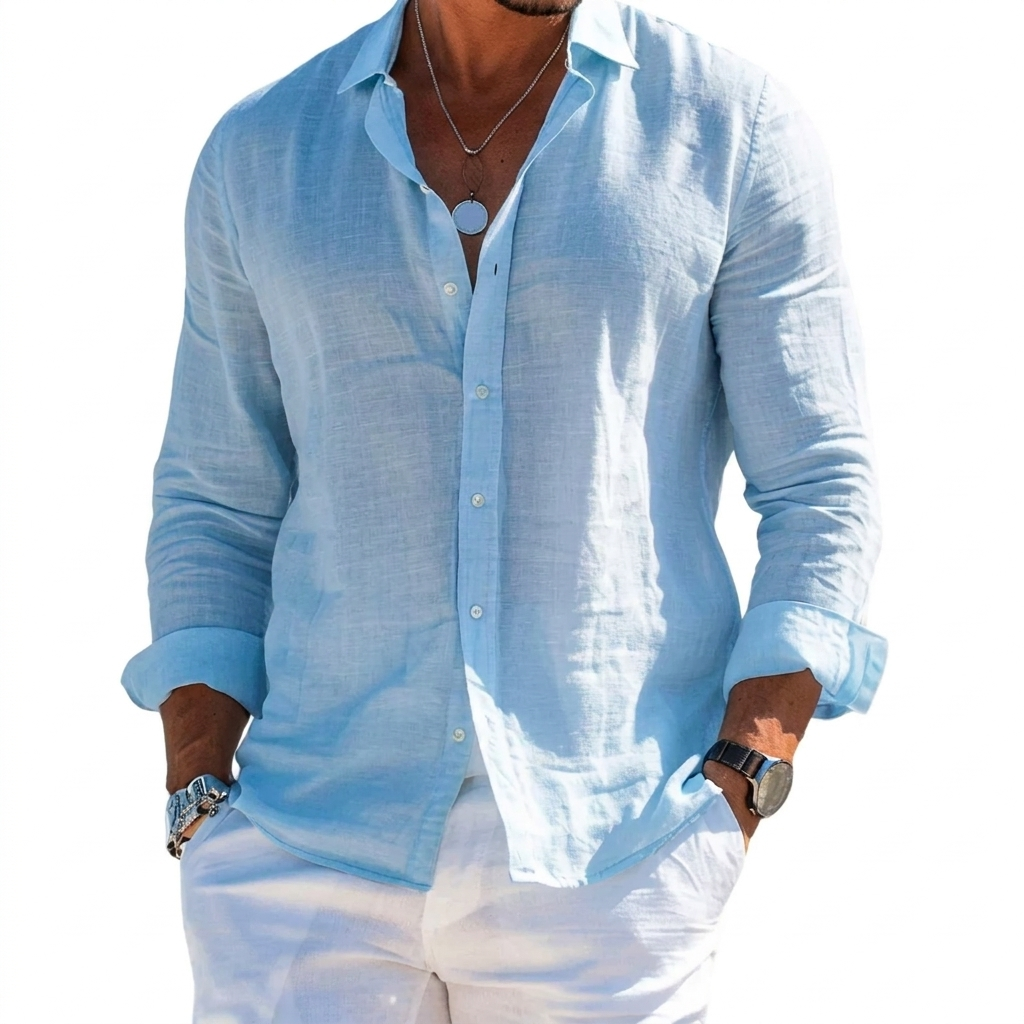 Effen heren shirt met lange mouwen en reverskraag, ideaal voor een ontspannen, casual look in de zomer.