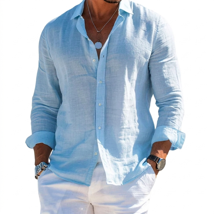 Effen heren shirt met lange mouwen en reverskraag, ideaal voor een ontspannen, casual look in de zomer.
