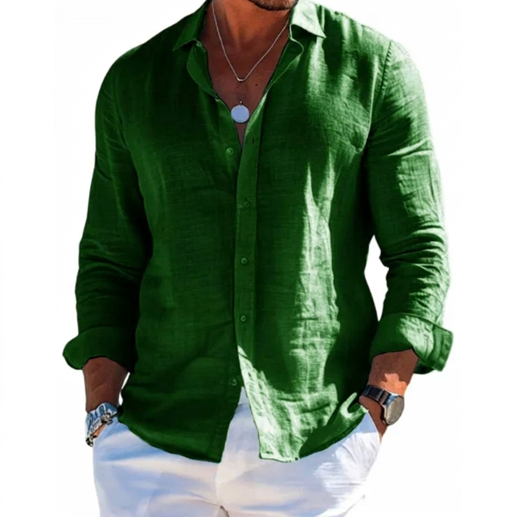 Comfortabel effen herenoverhemd met lange mouwen en reverskraag voor een smartcasual zomerlook.