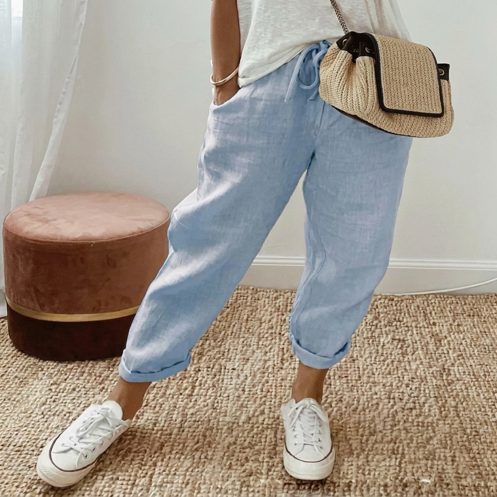 Stijlvolle cropped damesbroek met elastische taille, veelzijdig voor travel, vakantie en casual zomerlooks.