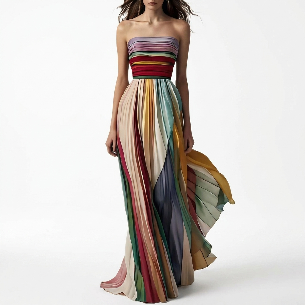 Comfortabele dames maxi-jurk (CJ26) met trendy print, luchtige bandeauhals en stijlvolle open rug voor zomer.