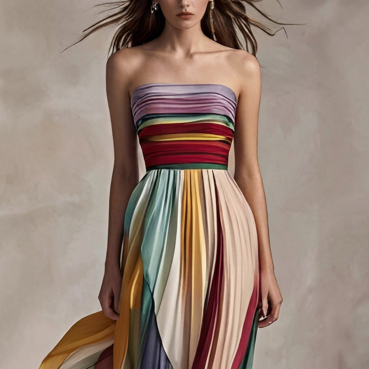Casual tot elegante dames maxi-jurk (CJ26) met moderne print, bandeauhals en open rug; ideaal voor vakantie.