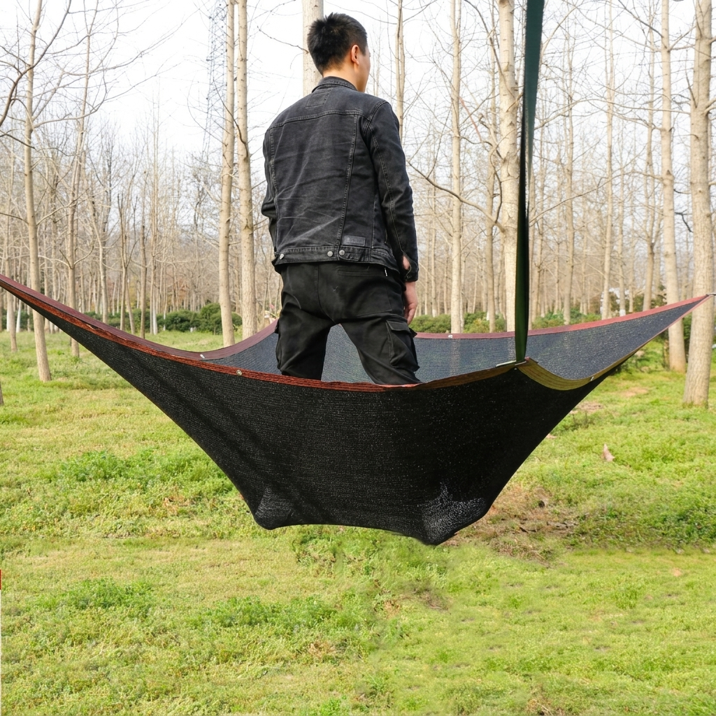 Schaduwnet gespannen boven een zithoek in de tuin, voor comfortabele uv-bescherming en een koel buitenleven.