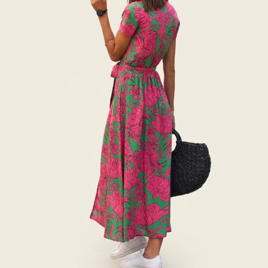 Elegante rode dames strandjurk (CJ26) met trendy print, perfecte zomerjurk voor vakantie en casual gelegenheden.