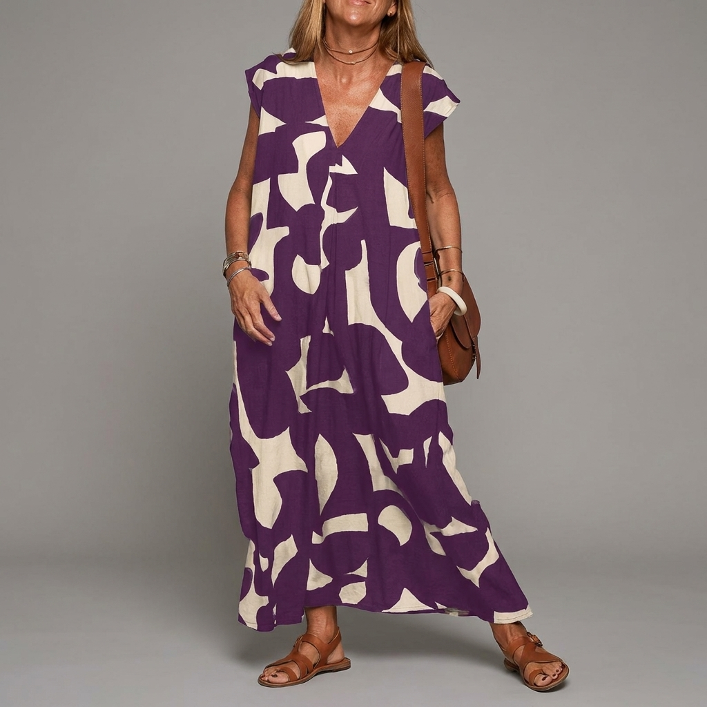 Elegante en comfortabele dames V-hals jurk met losse taille. Ideaal voor zowel casual als chique gelegenheden.
